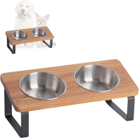 Bacetti alimentari elevati e inclinati per gatti e piccoli cani - bacetto alimentare elevato - 2 pezzi - acacia e acciaio inox