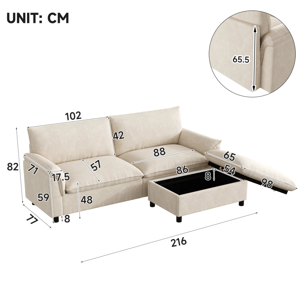 Divano con pouf contenitore e funzione letto; chenille beige; 216x77x82 cm