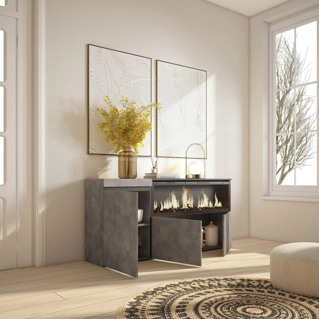 Credenza, Mobile, 158x35x75cm, 3 Porte, Camino elettrico XXL, grigio cemento RF3287