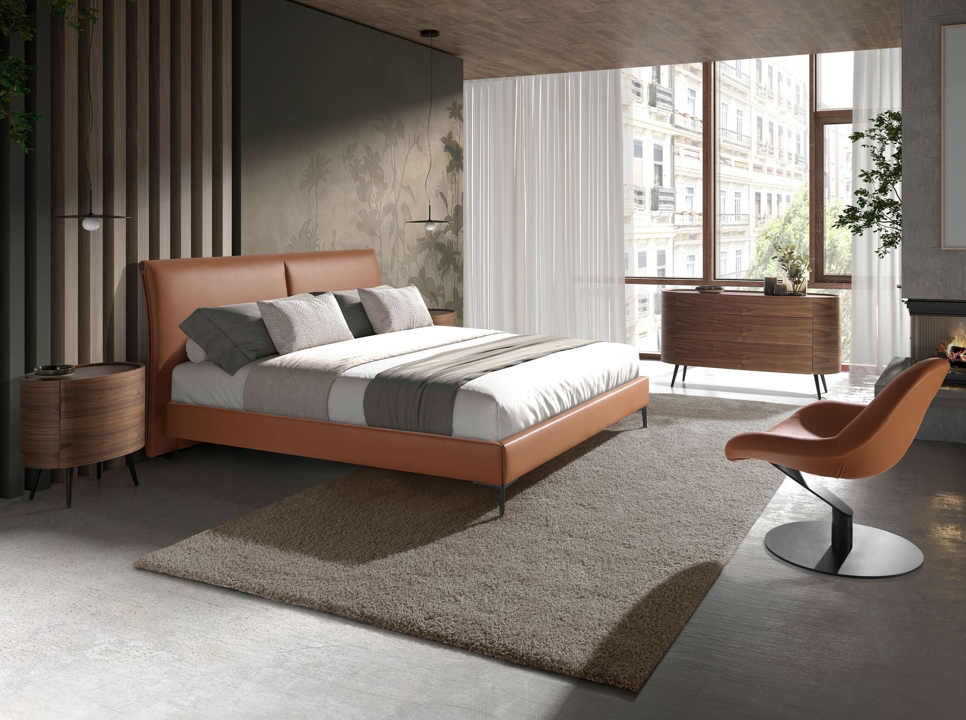 Comodino in noce e acciaio nero