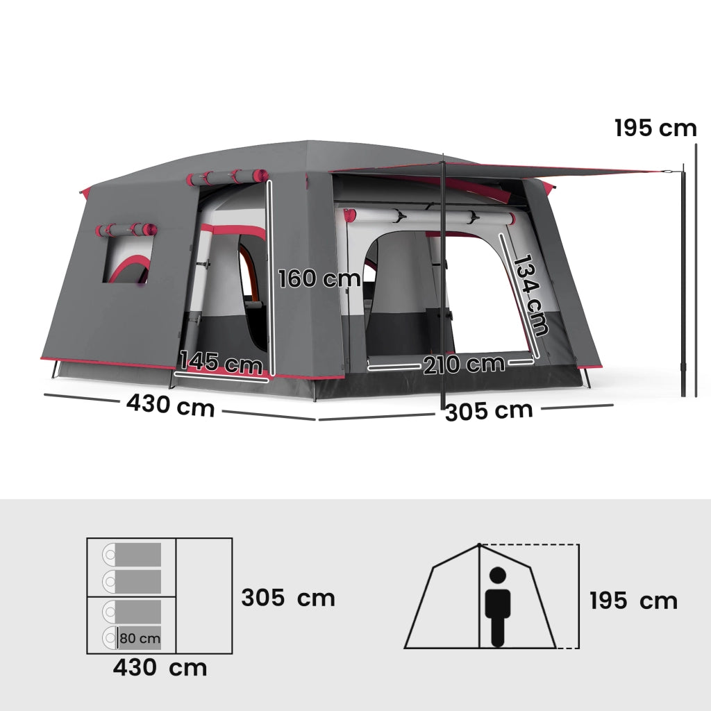 Tenda da Campeggio 4 Persone 2 Camere Soggiorno Impermeabile ¨C zephmum ¨C 430x305 cm Rosso