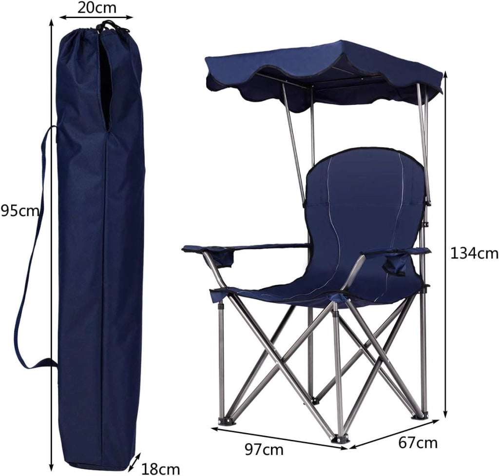 Sedia da campeggio con baldacchino, ombra, sedia da spiaggia e beach chair, pieghevole, con portabevande e borsa, per esterni, fino a 130 kg (blu)