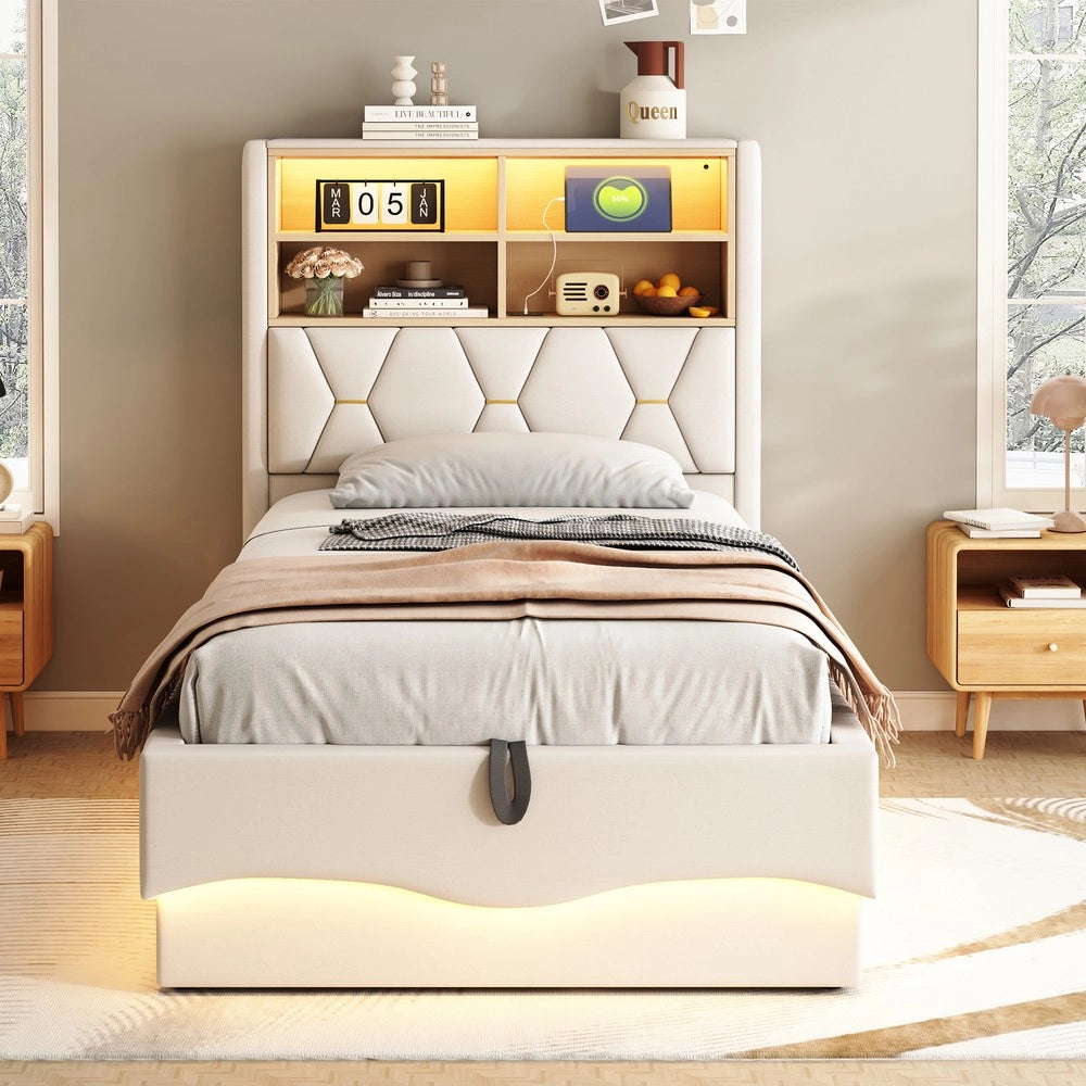 Letto Singolo con Contenitore Idraulico e LED ¨C MINIMAL ¨C 90x200, Lino Beige, Metallo