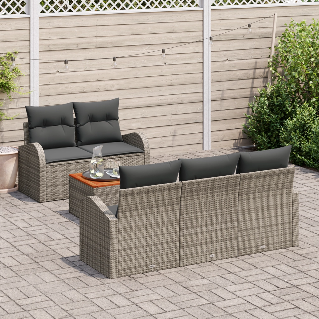 Set Divano da Giardino da 6 Pezzi con Cuscini Grigi in Polyrattan e Acacia