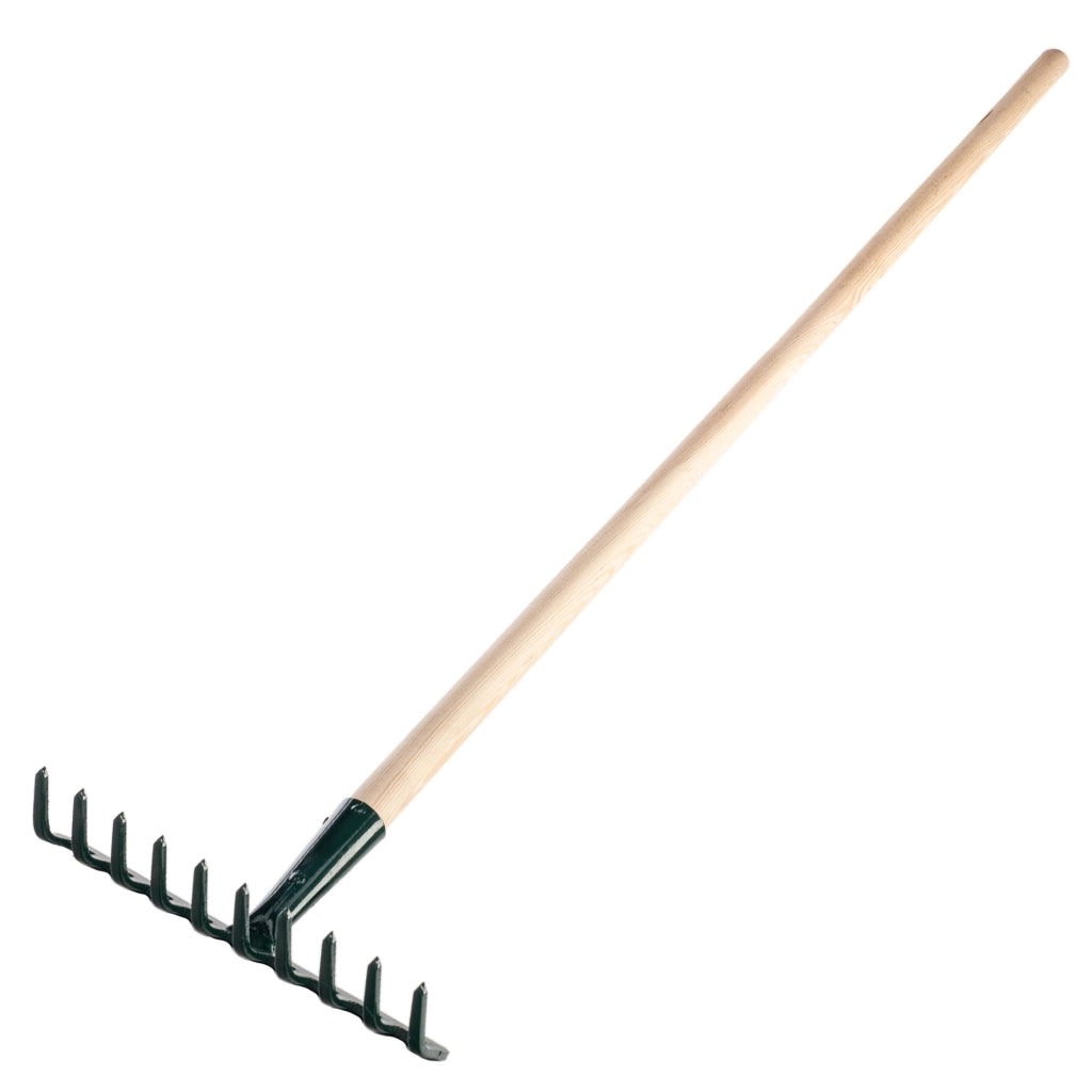 Rastrello per foglie KADAX, per terra ed erba, con manico in legno e 10 denti in metallo, 126 cm.