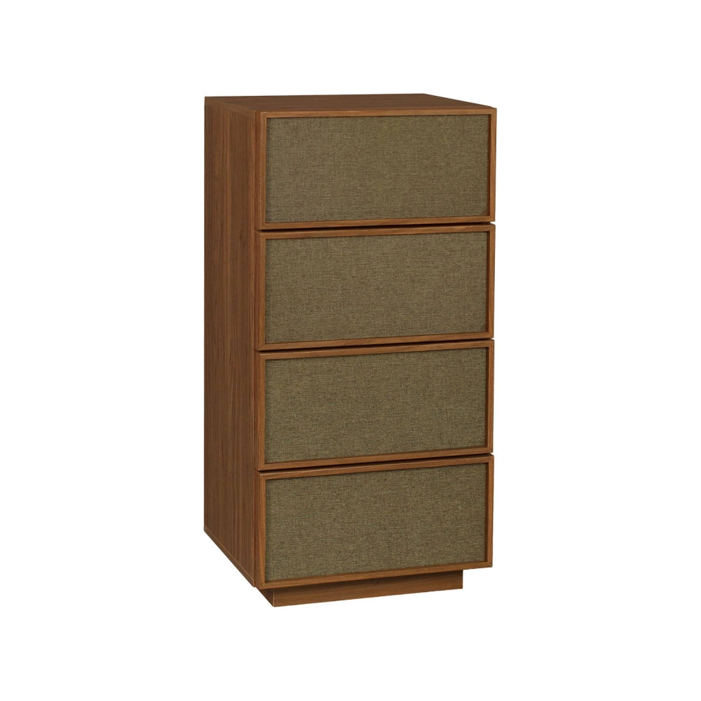 Cassettiera decorata in legno e tessuto 4 cassetti, noce