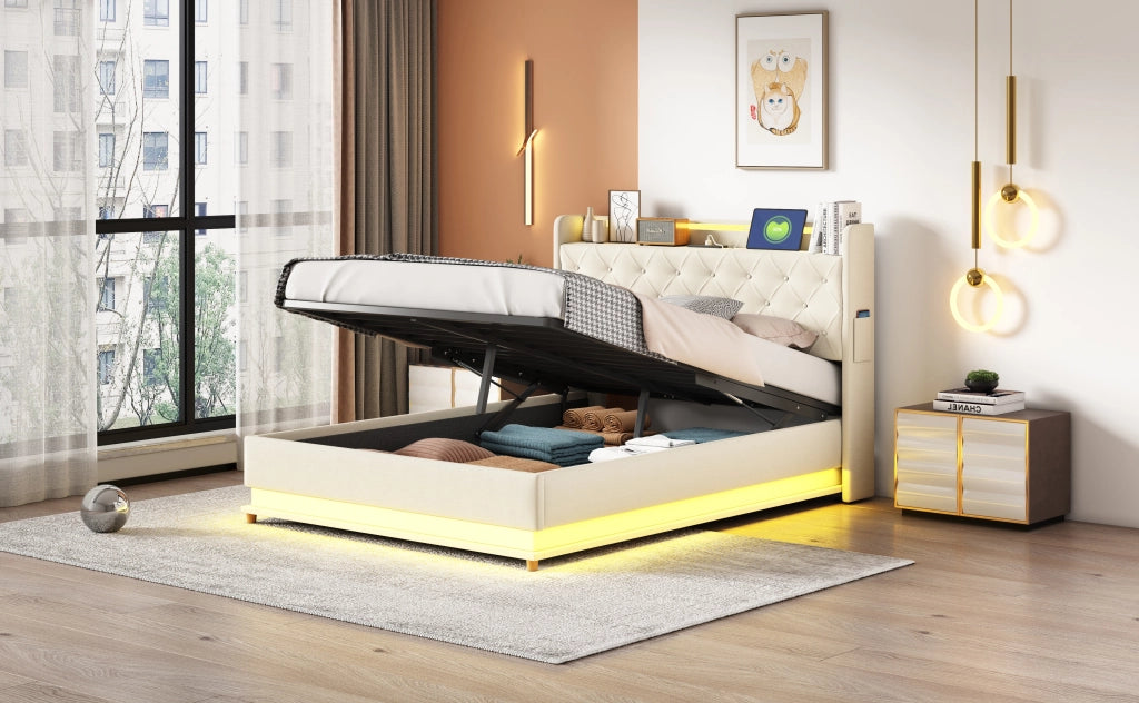 DESMIU Letto contenitore 140 × 200 cm 2 posti con LED, USB e vano idraulico, senza materasso, beige