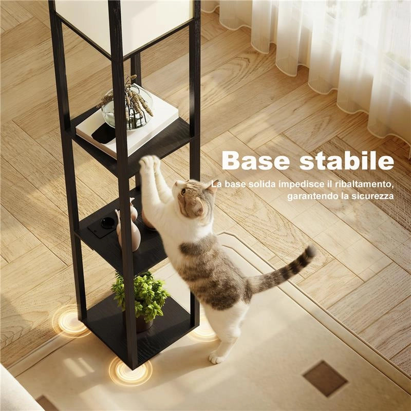 LAMPADA DA TERRA CON RIPIANI, LUCE REGOLABILE, INTERRUTTORE A PEDALE E PORTE USB, NERO
