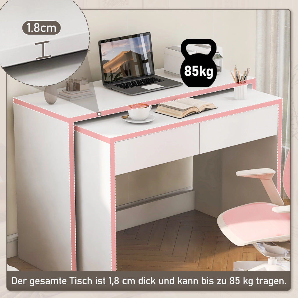 Scrivania pieghevole multifunzionale 2 in 1 con 2 cassetti e ruote, bianco, per studio e camera 110 × 40 × 78 cm