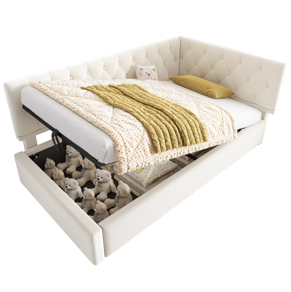 Letto imbottito con contenitore idraulico 90x200 cm in velluto beige; testiera reversibile