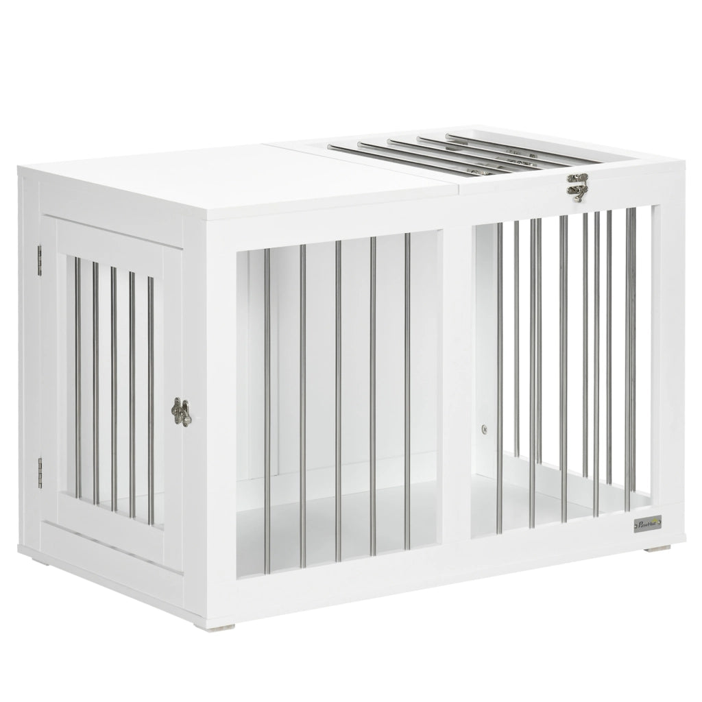Cuccia per cani con due porte e fondo rialzato, struttura in MDF e acciaio, bianco, 80 × 50 × 56,5 cm