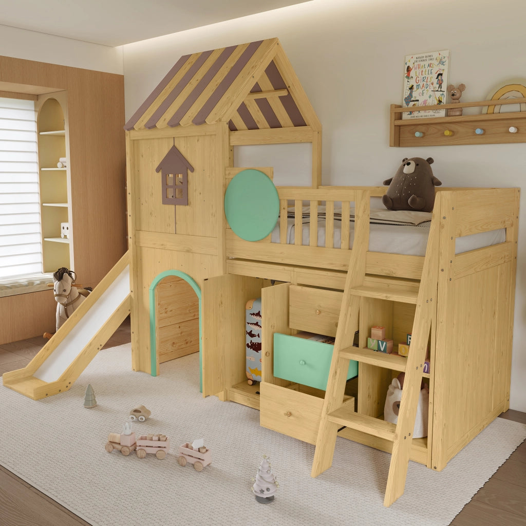 Letto a Soppalco 90 x 200 cm - Scivolo; Scala a 3 Gradini e Armadi - Naturale e Verde