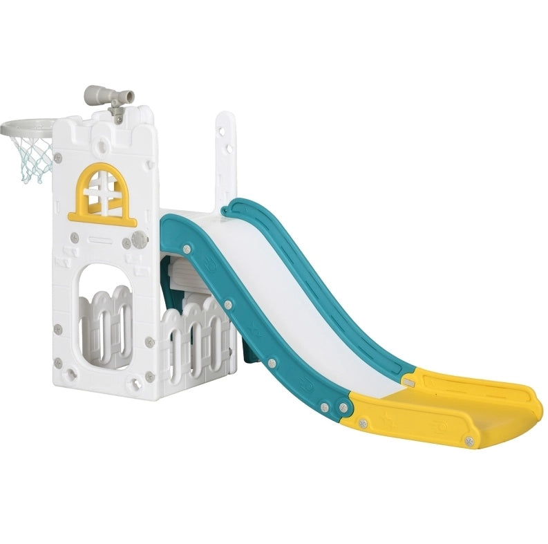Scivolo per bambini 4 in 1 giallo con canestro, cannocchiale e arrampicata per gioco attivo