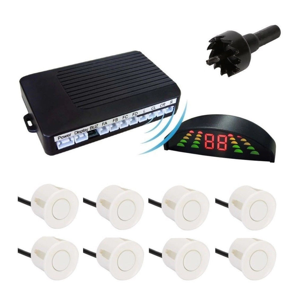 Trade Shop - Kit 8 Sensori Di Parcheggio Bianchi Con Centralina Display Led Suono Acustico -