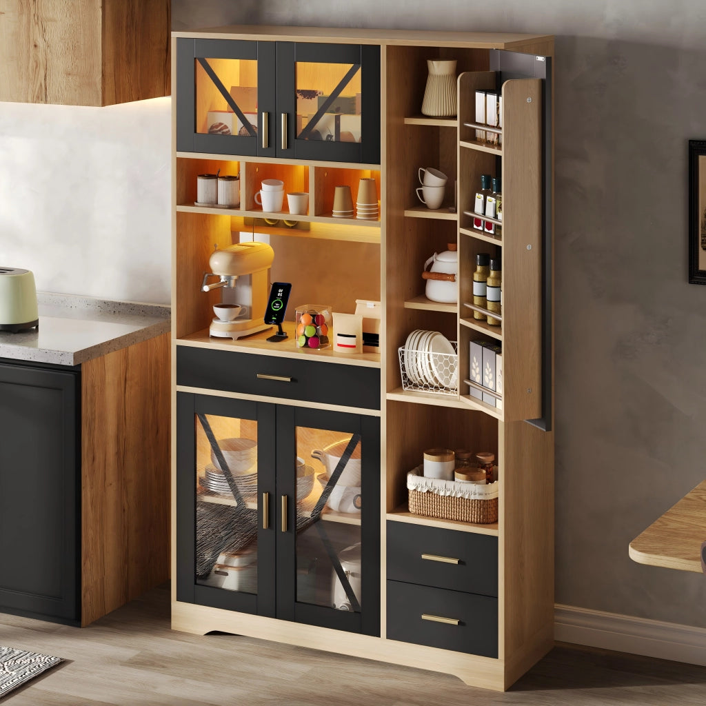 Credenza alta con vetrina e LED a colori, ripiani regolabili, 1 cassetto, prese e porte USB per cucina e soggiorno 185 × 105 × 40 cm