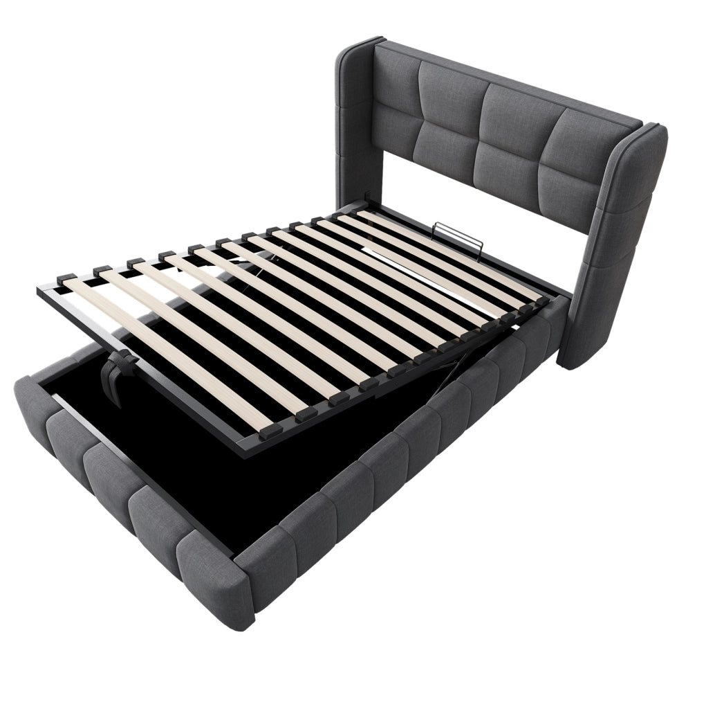 Letto singolo imbottito ULEVR 90x200 cm con contenitore sollevabile e testiera laterale ampia, grigio
