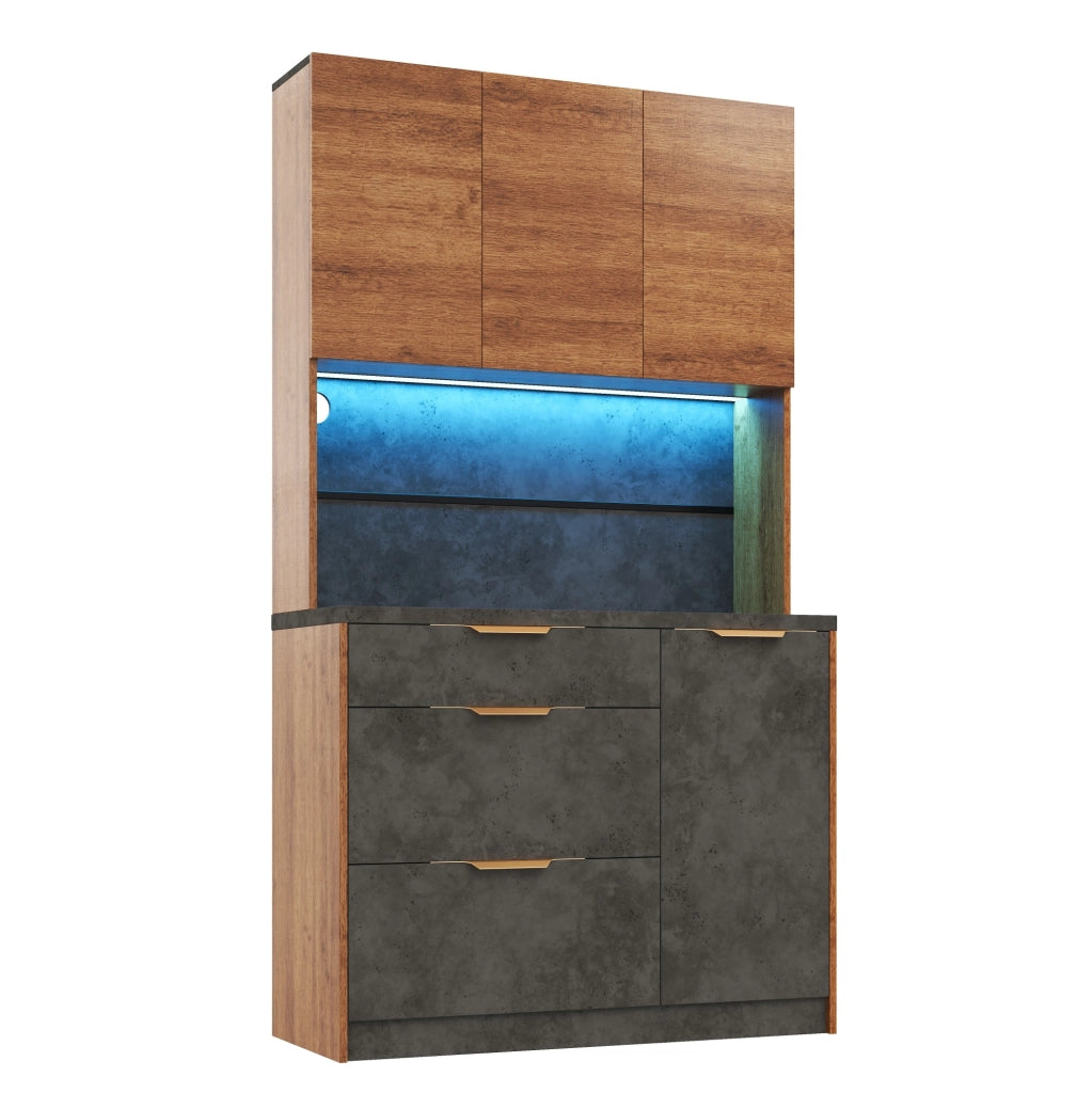 Credenza alta 100x40x180 cm con LED RGB, prese e USB in MDF naturale