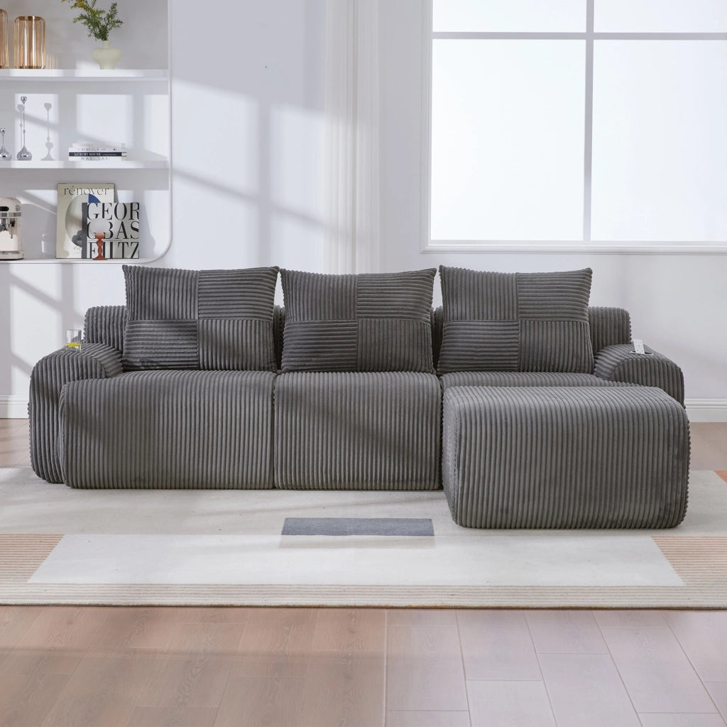 Divano modulare 268x174x80 cm con portabicchiere e tasca laterale in corduroy grigio scuro