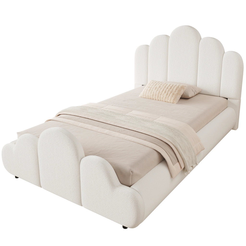 Letto singolo 90x200 cm in bouclé beige, con testiera imbottita, angoli arrotondati e rete inclusa