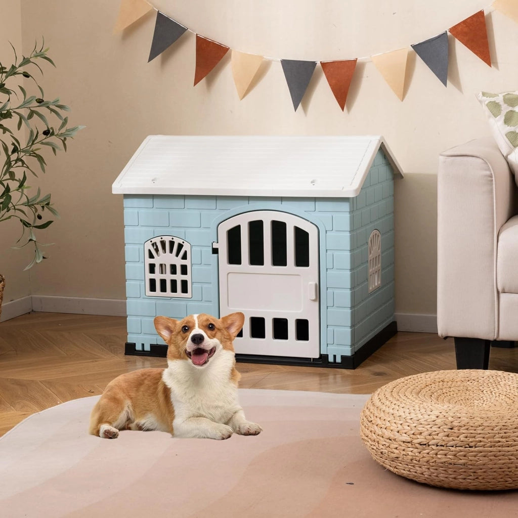 Cuccia per Cani da Esterno ed Interno, Casetta per Cani con Porta Bloccabile, 3 Finestre e Tetto Inclinato, Cucce in Plastica Impermeabile per Cagnolini Piccoli, 75 x 58 x 65 cm (Blu)