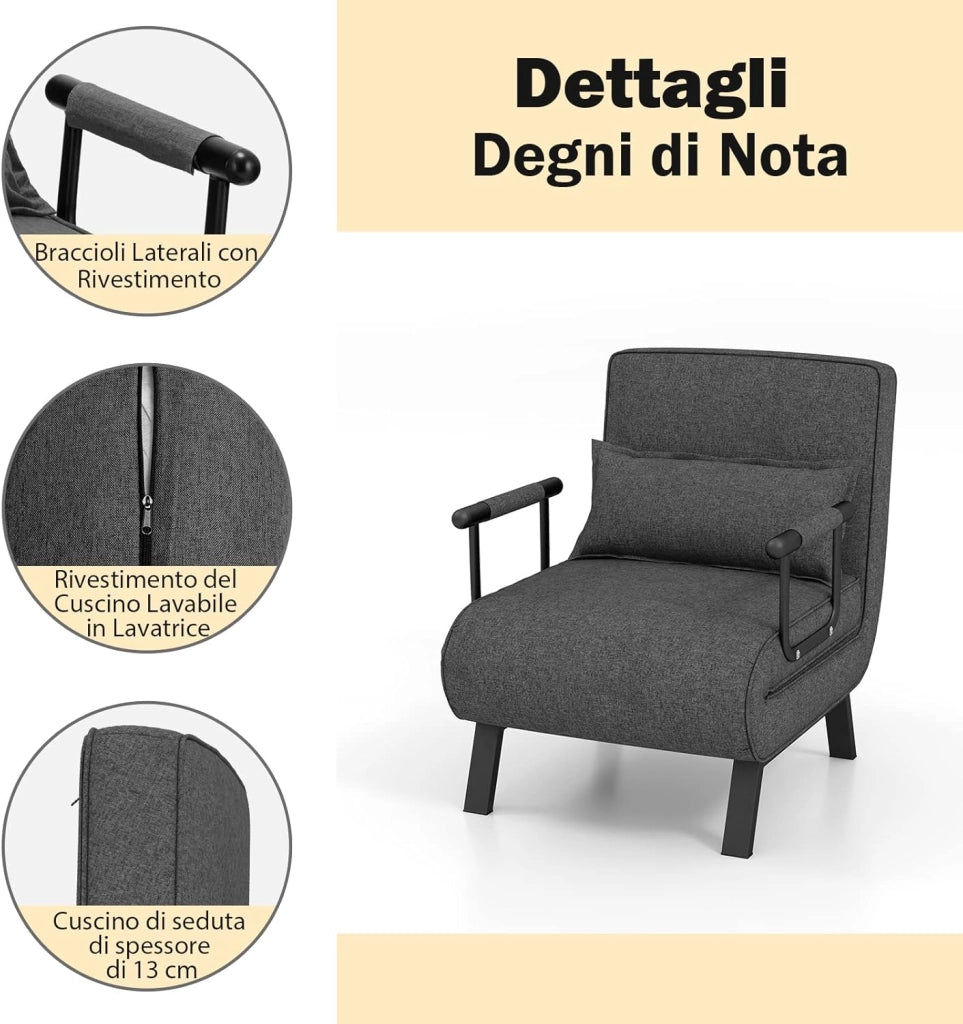 4 in 1 Poltrona Letto Singolo, Poltroncina Pieghevole con Schienale Regolabile in 6 Posizioni, Sedile Imbottito Robusto, Divano Letto per Casa Ufficio, 79x65x79 cm (Grigio scuro)