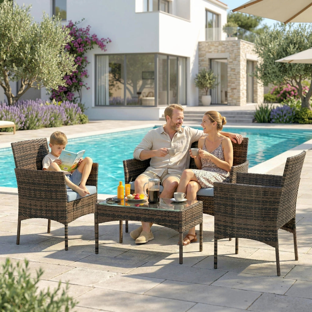 Set giardino in polyrattan con divano, poltrone e tavolo in vetro ¨C zephmum ¨C marrone e grigio