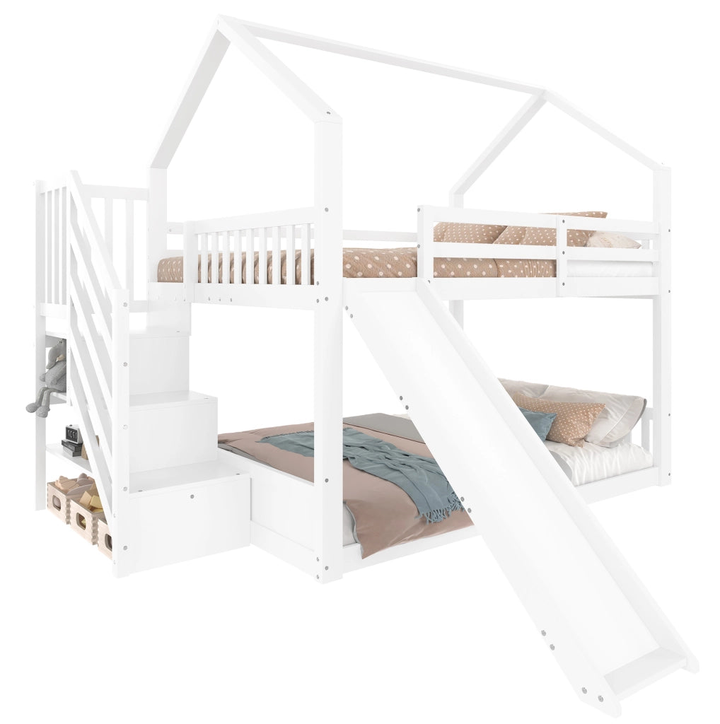 Letto a castello con scala contenitore e scivolo, casa letto bianco