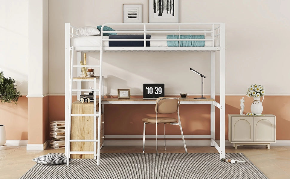 DESMIU Letto a soppalco 2 posti con 4 cassetti e scrivania a L, 140 × 200 cm, senza materasso, metallo e MDF, bianco