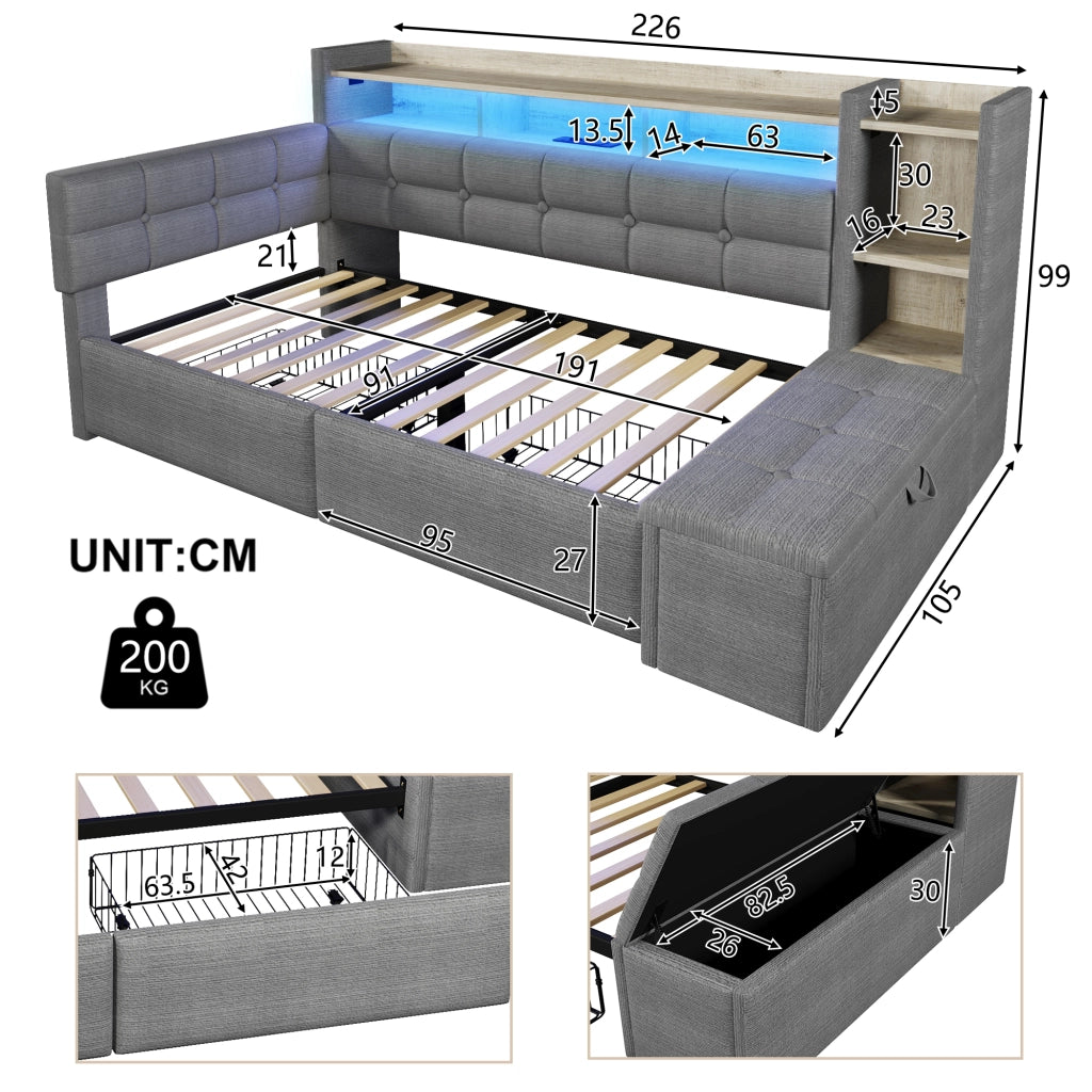 OKWISH Letto a Divano 90×190 cm, Letto Singolo con 2 Cassetti, USB, Tipo C, Mensola e LED Regolabile, senza Materasso, Velluto, Grigio Scuro