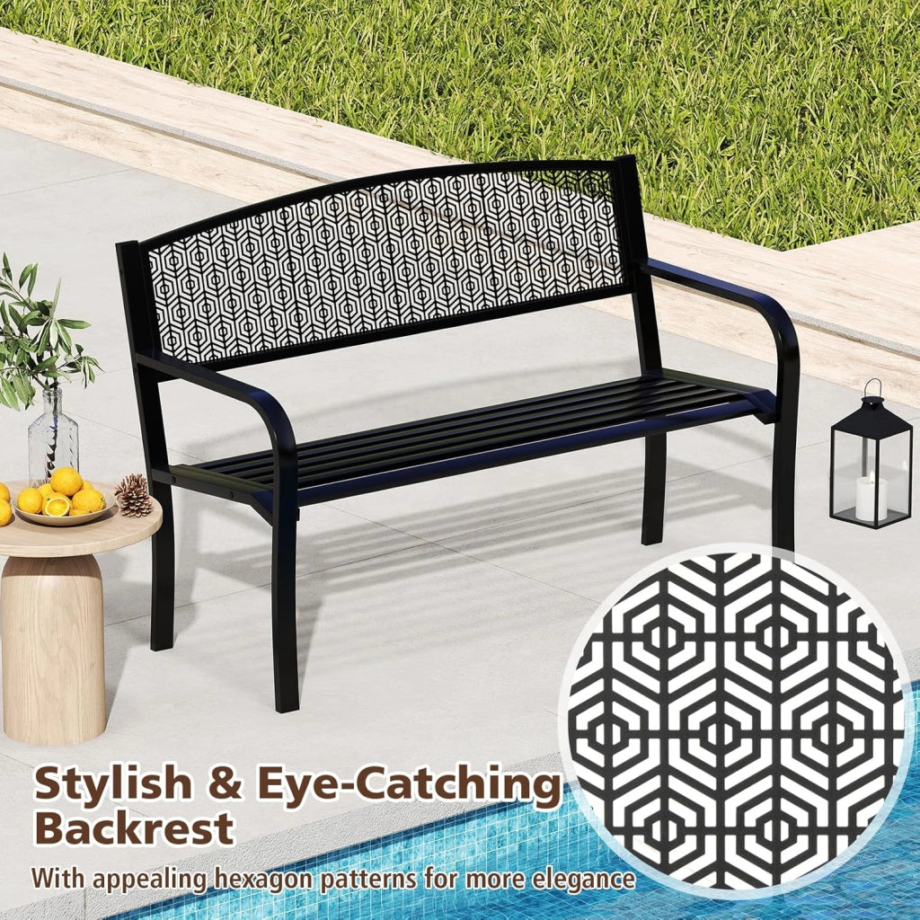 Panca da giardino per 2-3 persone, panca da parco con schienale alto e braccioli, sedia in metallo con carico di 300 kg, poltrona per terrazza, balcone, 128 x 60 x 86 cm (Nero)