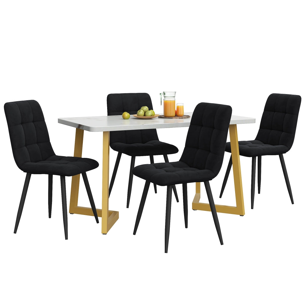 Tavolo da pranzo rettangolare con 4 sedie, piano effetto marmo, gambe dorate in MDF, nero e oro, per cucina