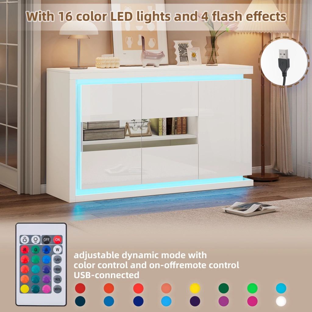 Credenza con LED e 3 ante in truciolare con 2 ante in vetro temperato, per soggiorno e ufficio, bianca, 140 × 40 × 84 cm