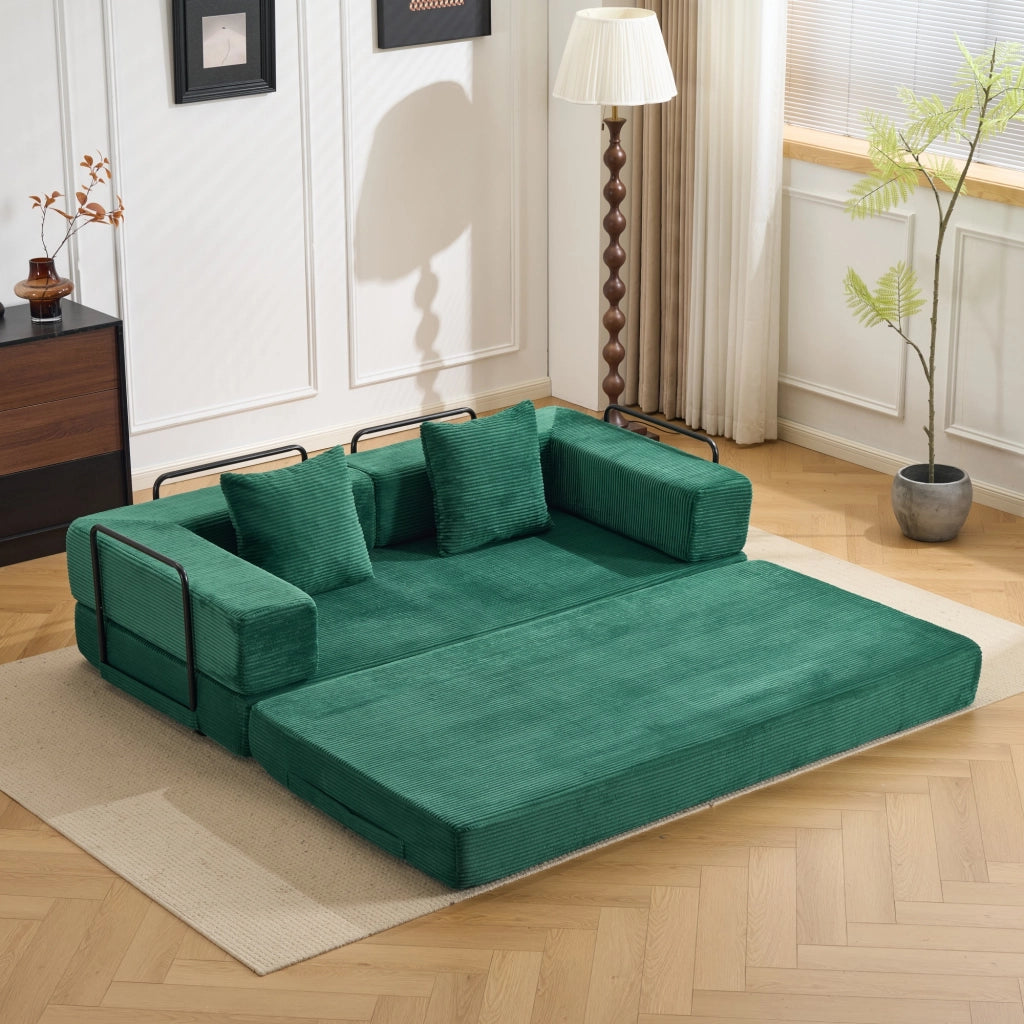 Divano letto pieghevole in tessuto corduroy verde scuro con braccioli e schienale 185 × 92,5 × 60 cm
