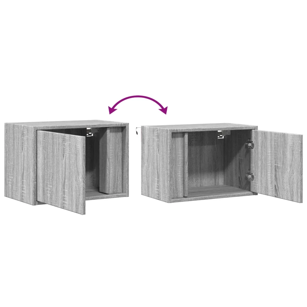 Set di 2 Comodini | Armadio da Notte | Mobiletto da notte a Parete con luci LED Grigio Sonoma