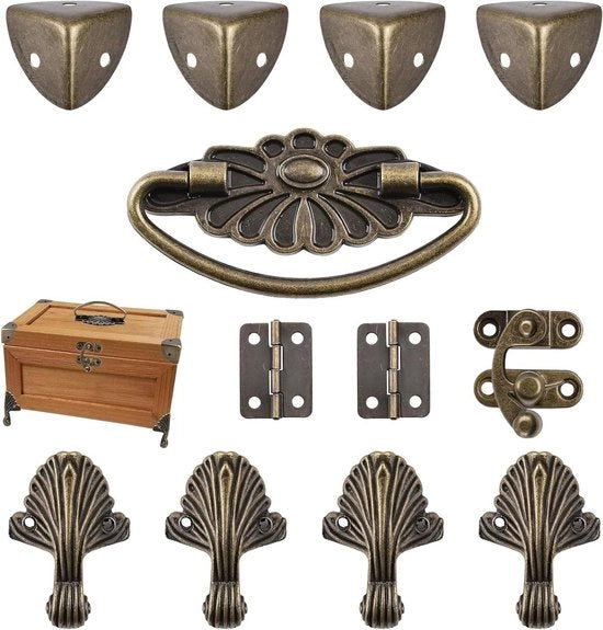 Kit di completamento per scatole da gioielli in legno - Cassa da gioielli in legno con cassetto antico - Scatola da gioielli con serratura antica - Maniglia e protezioni angolari