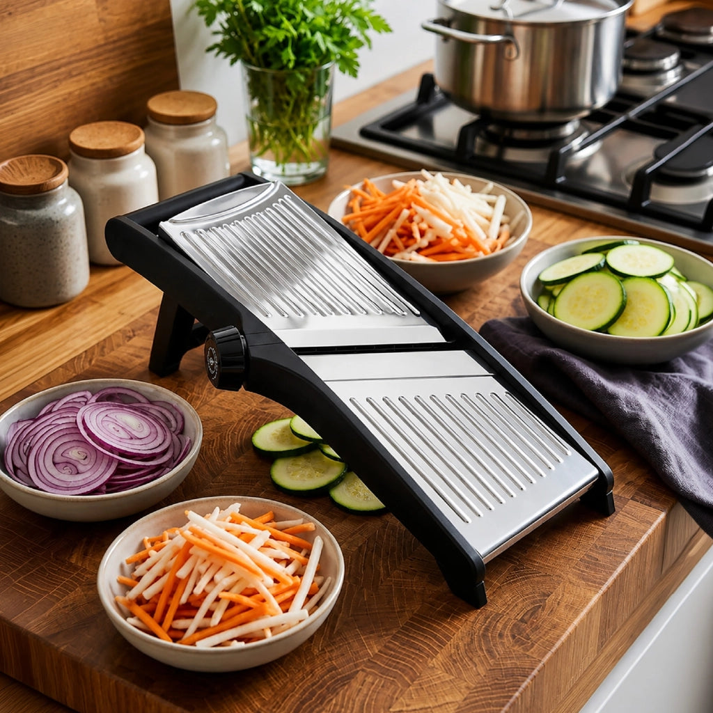 Mandolina Professionale in Acciaio Inox, Affettaverdure Regolabile da 1 a 9 mm con Taglio Julienne, Affettatrice Manuale Pieghevole con Salvamani e Piedini Antiscivolo