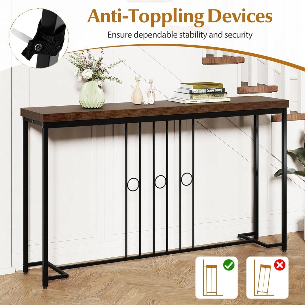 Tavolo Consolle da Ingresso, 140 cm Tavolino da Divano con Gambe in Metallo e Base a Forma di H, Consolle Stretta e Salvaspazio per Soggiorno, Corridoio, Balcone e Ufficio, Nero e Marrone