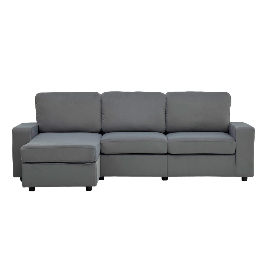Divano angolare convertibile con contenitore, chaise longue reversibile in tessuto grigio