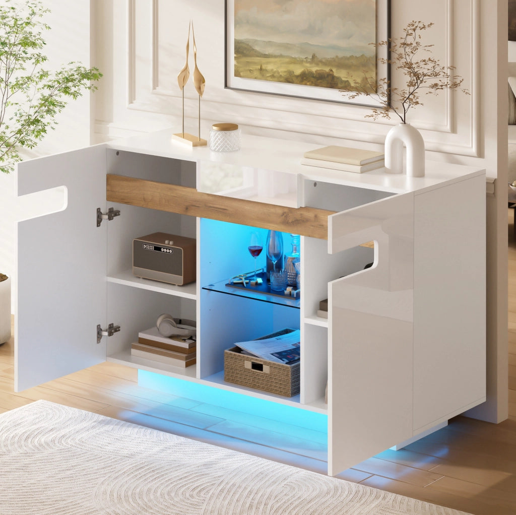Sideboard con LED e ripiani regolabili 120×40×80 cm bianco e legno naturale
