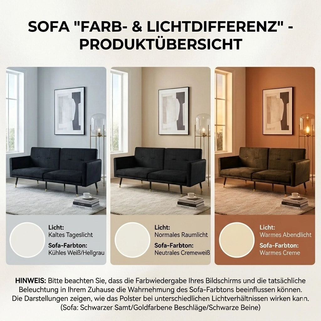 Divano letto 2 posti convertibile con schienali regolabili indipendenti in 5 posizioni velluto nero 164 × 89 × 70 cm