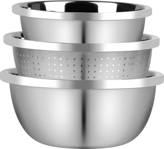 Tre pezzi di set di colatura e mescolatore in acciaio inossidabile 26cm + 24cm per servizio da tavola per insalata frutta verdura riso lavaggio e scolatura.