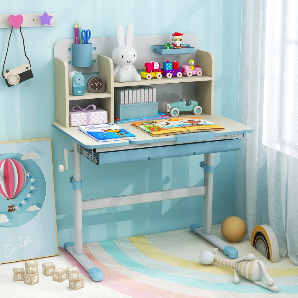 Scrivania per studio dei bambini regolabile in altezza con piano inclinabile, Tavolo per bambini 3-12 anni Blu