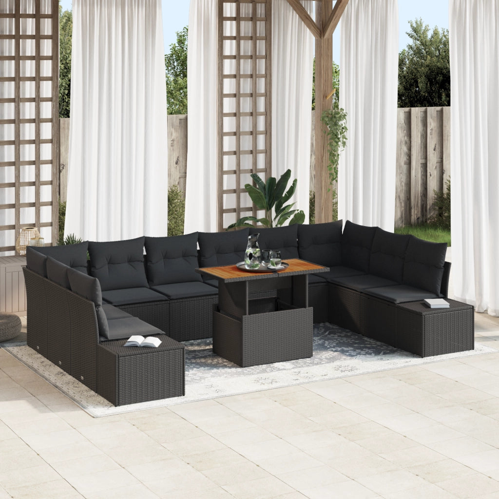 Set Divano da Giardino 11 Pezzi con Cuscini Nero Polyrattan