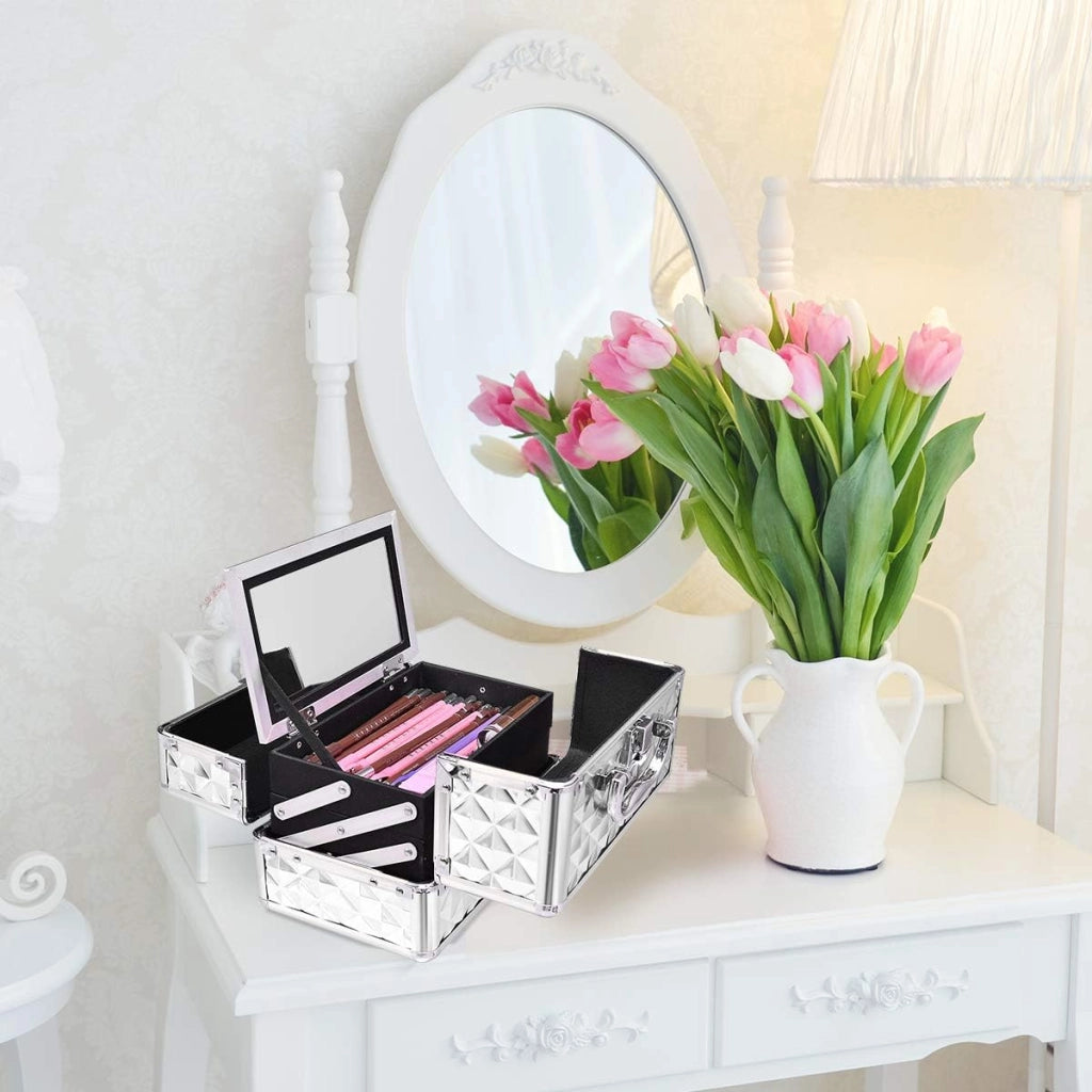 Valigetta Trucchi Valigia, Porta Trucco Portatile, Custodia Cosmetici Viaggio, 3 Portaoggetti, 2 Ripiani Estenbsibili, con Specchio e Maniglia, Stile Metallico, 23x15x18 cm (Argento)