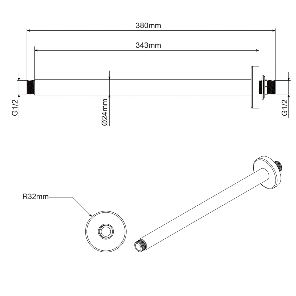 Braccio doccia in ottone a soffitto lungo 35 cm mod. Alfa