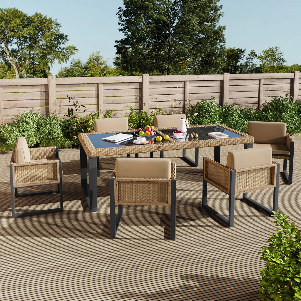 Tavolo e 6 Sedie da Giardino per 6 Persone; Cuscini con Rivestimento Sfoderabile; Rattan e Tessuto; Nero e Marrone