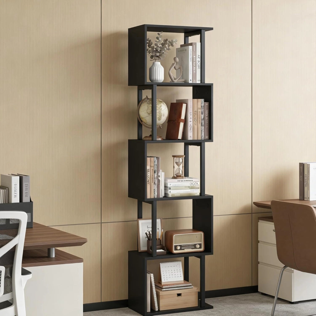 Libreria a forma di S, Scaffale Libri a 5 Livelli con Struttura in Metallo e Kit Anti-Ribaltamento, Mobile Contenitore per Soggiorno, Camera da Letto e Ufficio, 38 x 23 x 147 cm (Nero)