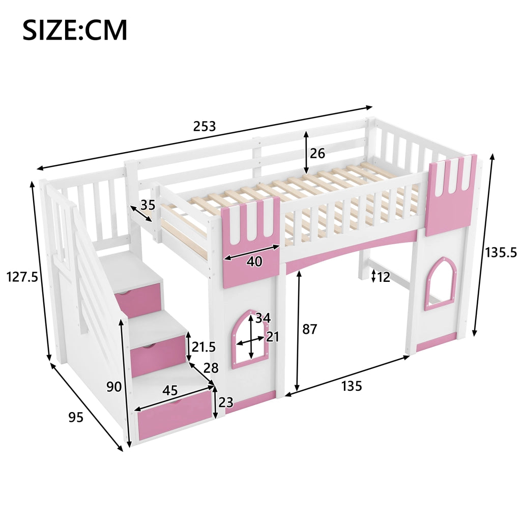 LETTO A SOPPALCO con scala contenitore e finestre 90x200 cm bianco e rosa