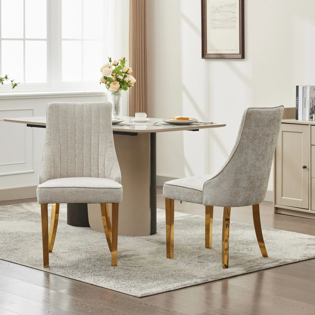 Sedie da Pranzo Imbottite in Tessuto Velluto ¨C MINIMAL ¨C Gambe Dorate, Beige, Set di 2