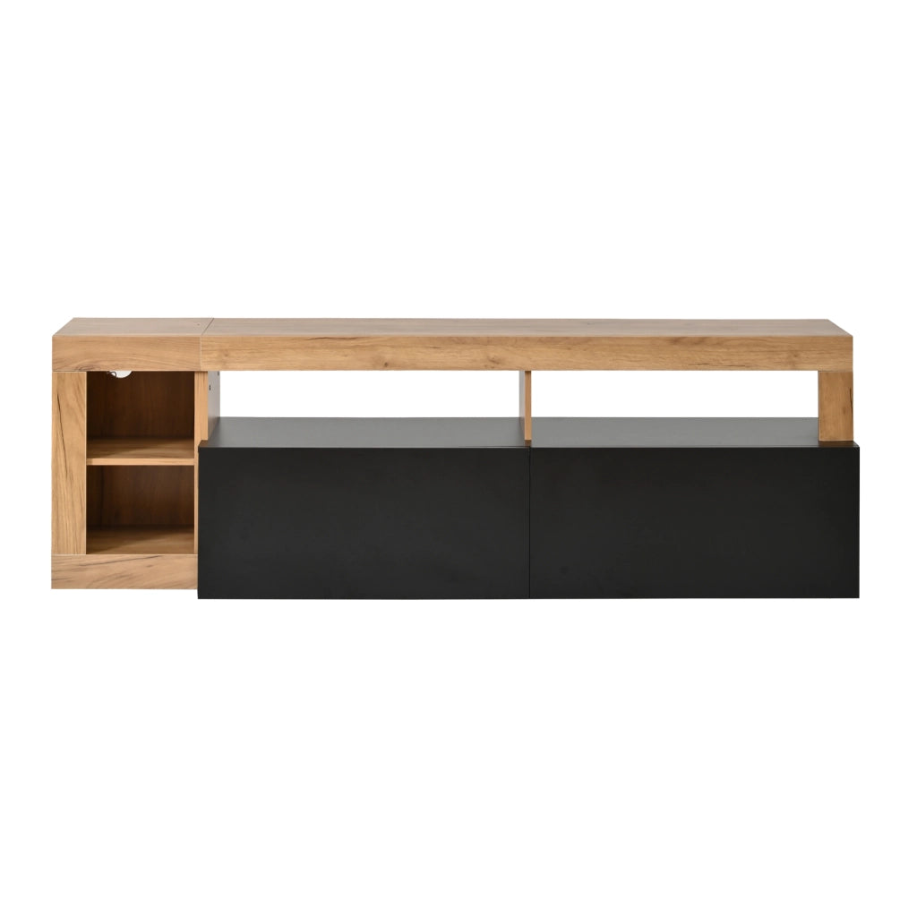 Mobile TV moderno in truciolato con illuminazione LED, colore nero e finitura effetto legno, 184 x 42 x 58 cm, per TV fino a 80 pollici